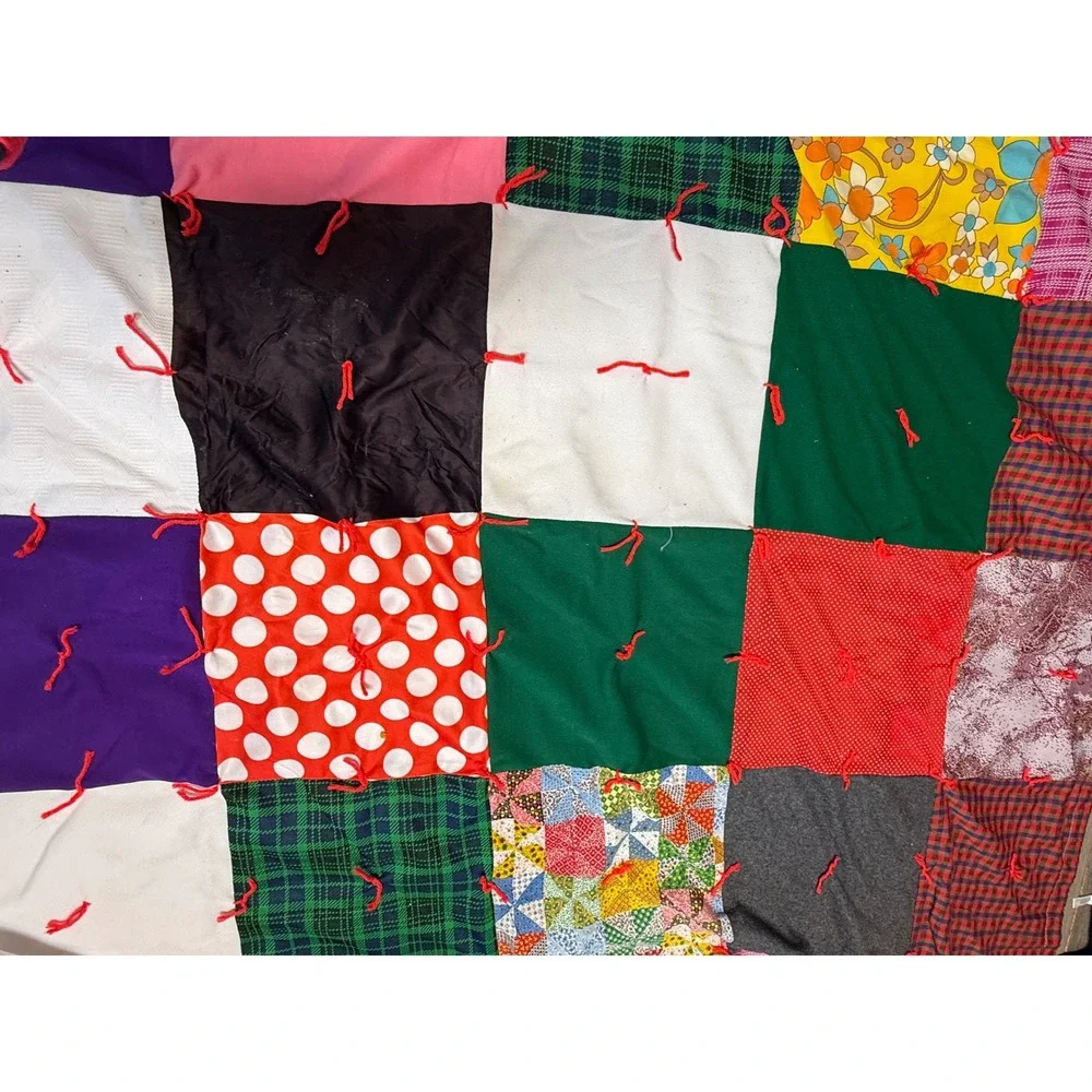Vintage Handmade Patchwork Tie Quilt Eclectic Boho Mix Pattern Twin 70x84